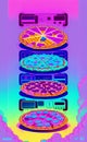 bright retro abstraction pizza tape recorders pink blue background AI Generated