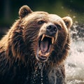 AI generated brown bear roaring in water