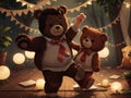 AI generated brown teddy bears dancing together in a brightly lit area