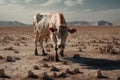 AI generated brown and white cow standing in an arid field