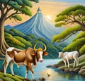 AI generated brown and white cows grazing under trees and besides a river flowing by with a temple at the top of a hill