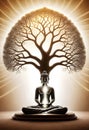 a buddha statue sitting under a bodhi tree with rays coming from it Royalty Free Stock Photo