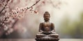 buddhan stantue with beanutiful cherry blossoms in springtime on blurred banckground with copy spance. Royalty Free Stock Photo