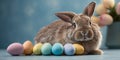 Bunny with pastel colored Easter eggs in front of blue studio background. Royalty Free Stock Photo