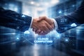 AI generated business handshake with holographic cloud computing interface showing network security data connection and digital Royalty Free Stock Photo