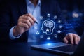AI generated business professional interacting advanced artificial intelligence interface representing data analytics automation Royalty Free Stock Photo