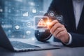 AI generated business professional interacting holographic cybersecurity interface showing warning alert lock icon data analytics Royalty Free Stock Photo