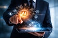 AI generated business professional touches glowing AI interface above a tablet with digital icons and global data network Royalty Free Stock Photo