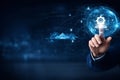 AI generated business technology concept with human hand controlling digital system automation global network data analytics and Royalty Free Stock Photo