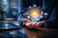 AI generated business technology concept with human hand holding glowing data sphere fintech icons analytics cloud computing Royalty Free Stock Photo