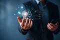 AI generated a businessman controlling digital holographic data interface representing smart technology innovation connection and Royalty Free Stock Photo