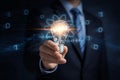 AI generated businessman holding a glowing lightbulb with atomic symbol and binary code representing innovation creativity Royalty Free Stock Photo
