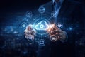 AI generated businessman interacting with cloud computing interface and connected global icons representing digital transformation Royalty Free Stock Photo