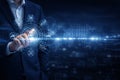 AI generated businessman interacting with digital interface and global data network representing smart business analytics Royalty Free Stock Photo