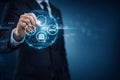 AI generated businessman interacting with futuristic digital interface showing cloud security network and data systems for digital Royalty Free Stock Photo