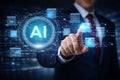 AI generated businessman touching a holographic AI interface with digital circuits data nodes and modules representing enterprise Royalty Free Stock Photo