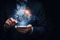AI generated businessman using smartphone with holographic global network representing digital transformation data connectivity Royalty Free Stock Photo