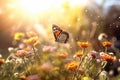 AI generated butterfly flying over flowers Royalty Free Stock Photo