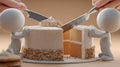 AI-Generated, Cake cutting illustration with figures holding knives Royalty Free Stock Photo