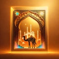 a camel is standing in a room with islamic ornaments