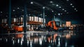 Forklift in warehouse at night. Cargo freight transportation and distribution warehouse.
