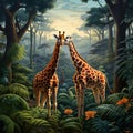 group of giraffes gracefully moving through a dense African forest during their migratory journey by AI generated