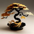 Gold Bonsai Tree Amidst Black Waves, Made with Generative AI