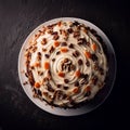 Moist carrot cake with nuts, raisins, and cream cheese frosting. Garnished with grated carrots. Ai generated Royalty Free Stock Photo