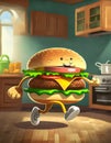 Cartoon hamburger, smiling and running