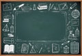 a chalkboard with a frame drawing surrounded by school supplies drawing Royalty Free Stock Photo