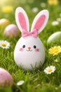 Smiling Easter Bunny Egg With Pink Bow In Fresh Spring Garden Scene Royalty Free Stock Photo