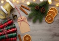 AI generated. Rustic Christmas Gift Wrapping Elements with Festive Lights on Wood Royalty Free Stock Photo