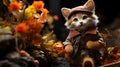 Cute little cat in a hat and costume sitting among autumn leaves