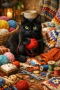 Playful Black Cat Surrounded By Yarn In Cozy Knitting Workspace Royalty Free Stock Photo