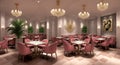 Ai generated a chic restaurant with pink chairs and elegant chandeliers