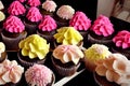 AI-generated chocolate cupcakes decorated with colored cream