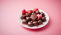 chocolate hearts on a plate on a pink background