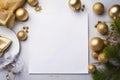 AI generated Christmas mockup: a table with New Year\'s holiday attributes with a white sheet of paper.