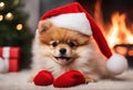 Chritmas scene - A cute pomeraniam puppy with a Santa Claus hat - AI generated Royalty Free Stock Photo