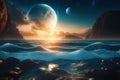 ai generated cinematic photo of sea in outerspace with planets floating on air