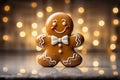 AI generated a classic gingerbread man cookie with icing details on a background with lights with bokhe.