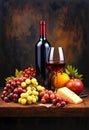 Classic Red Wine Still Life With Grapes Cheese And Fruit Arrangement Royalty Free Stock Photo