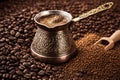 Classic Turkish Coffee Cezve With Foamy Surface And Rich Coffee Beans Royalty Free Stock Photo
