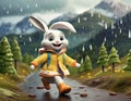 Cute rabbit running in the rain