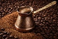 Authentic Turkish Coffee Pot Surrounded By Ground And Roasted Coffee Beans Royalty Free Stock Photo