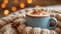 AI generated a Close-up of a cup of hot cocoa between blankets with out-of-focus lights in the background Royalty Free Stock Photo