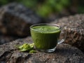 Close-up of a cup of matcha tea on a rock. Royalty Free Stock Photo