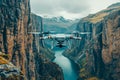 Close-up of a drone between two steep mountains and a flowing river Royalty Free Stock Photo