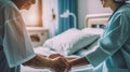 AI generated a close-up of an elderly man in a hospital room holding the hands of a female doctor as a sign of thanks.