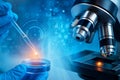 AI generated close up of gloved hand using pipette with glowing droplet near microscope and digital molecular graphics symbolizing Royalty Free Stock Photo